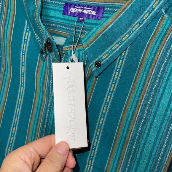 F*cking Awesome Mens Shirt Green Size 2X Striped Button Down Long Sleeve New - Picture 6 of 14
